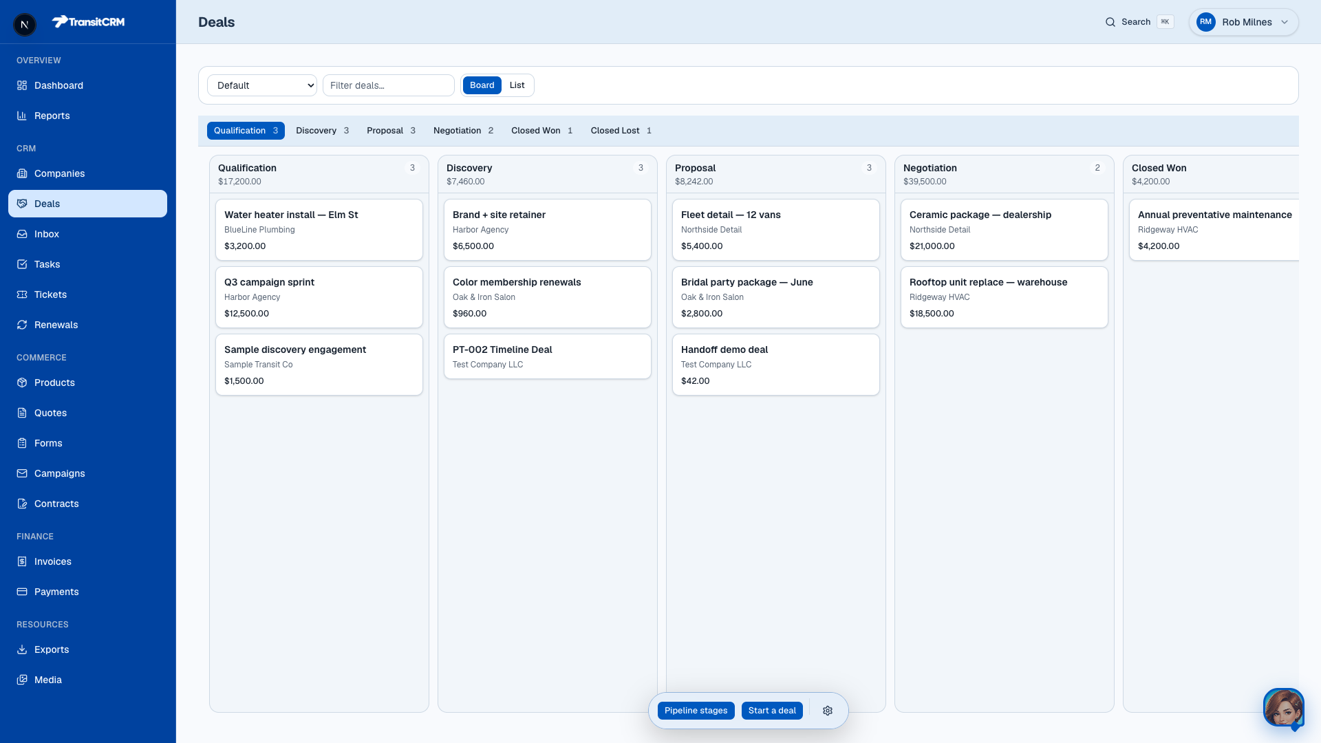 TransitCRM deals board with qualification, discovery, proposal, negotiation, and closed won stages.